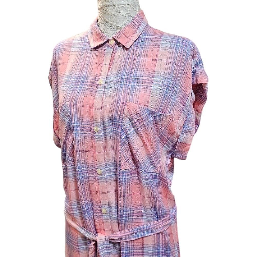 GAP Pink Plaid Button Up Shirtdress Size Medium Tall Belted Lightweight Rayon - Picture 5 of 9